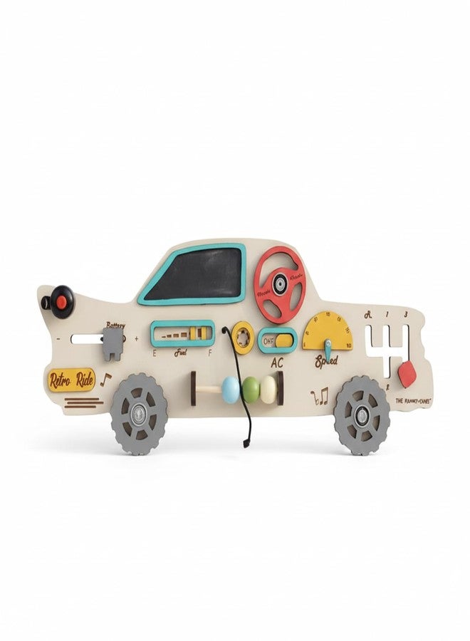 The Funny Mind Retro Car Wooden Busy Board for Toddlers & Kids - 12 Activities Montessori Educational Toy, Sensory Learning Game for 1-5 Years, Colorful, Durable & Safe - Image 1